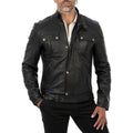 Giacca Biker In Vera Pelle Nera Uomo Slim Chiusura Principale Cerniera E Patta Rindway