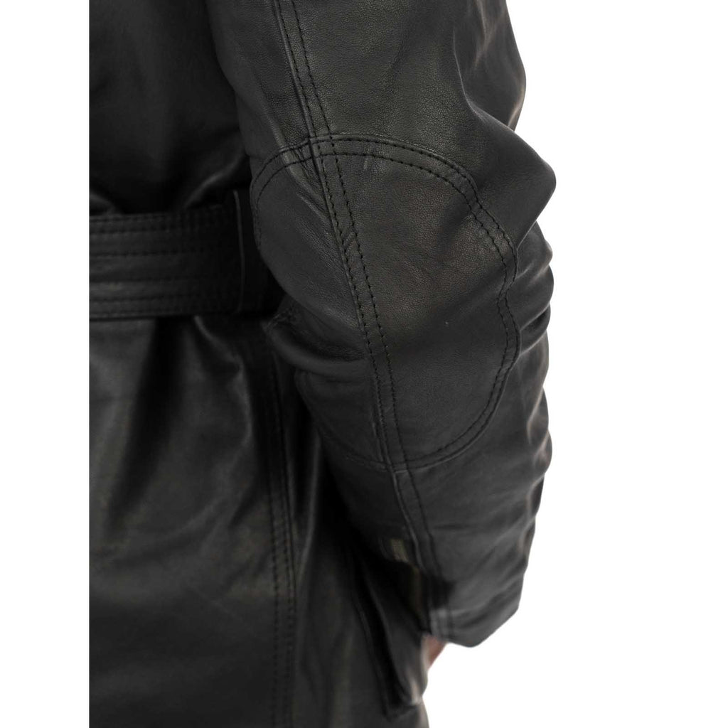 Giaccone Giacca Lungo In Vera Pelle Nera Uomo Slim Con Tasconi e Cintura Vita Rindway