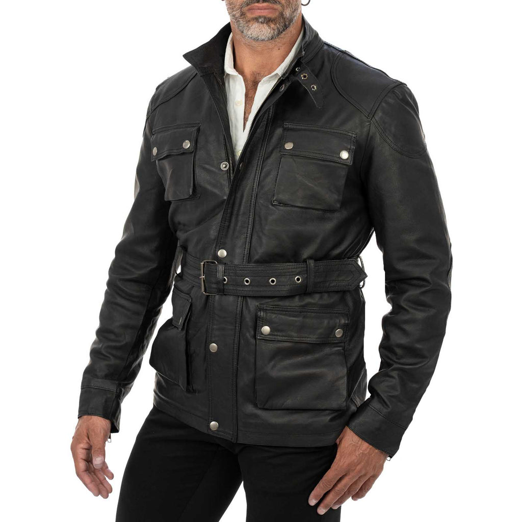 Giaccone Giacca Lungo In Vera Pelle Nera Uomo Slim Con Tasconi e Cintura Vita Rindway