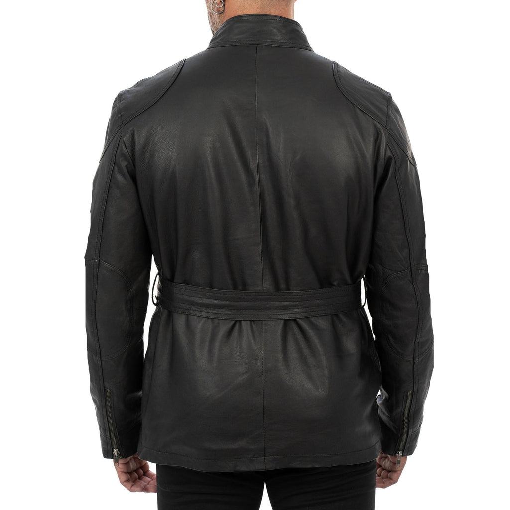 Giaccone Giacca Lungo In Vera Pelle Nera Uomo Slim Con Tasconi e Cintura Vita Rindway