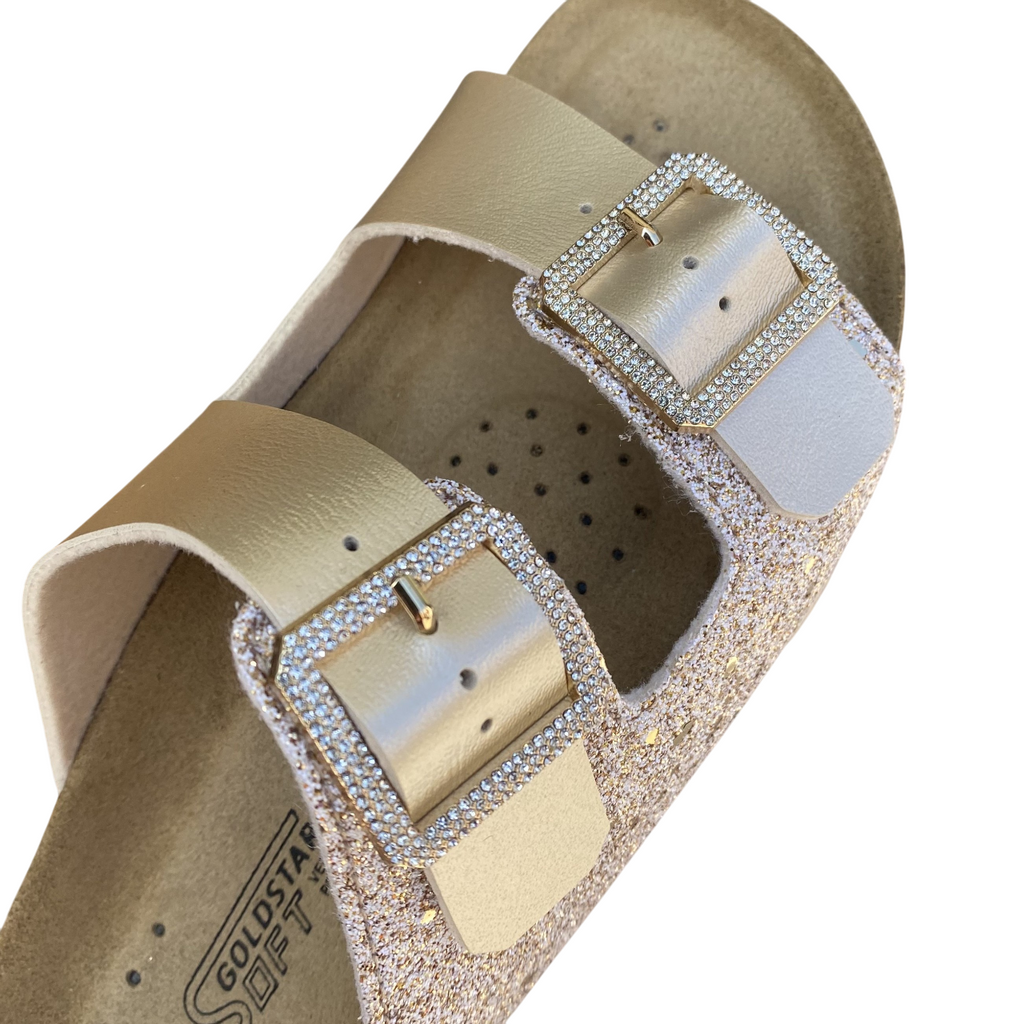 Goldstar ciabatta da donna con sottopiede in pelle 2 fasce laminata e gliettata e con fibbie glitterate GS6800QS oro