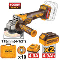 Smerigliatrice Angolare Ingco 115mm 20V 1000W con 2 Batterie 4.0Ah, Caricabatterie Rapido e Valigetta