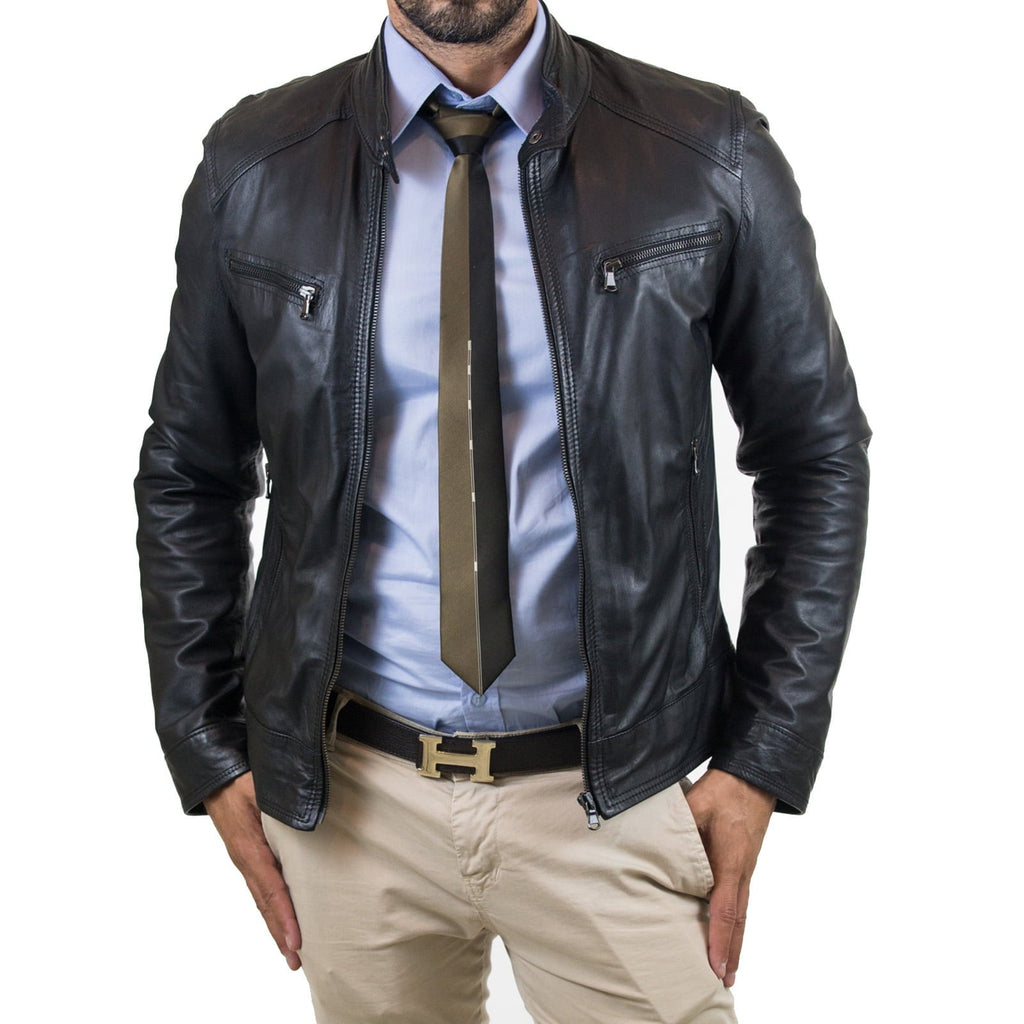 Giacca Biker In Vera Pelle Nero Uomo Slim Quattro Tasche Cerniera Rindway