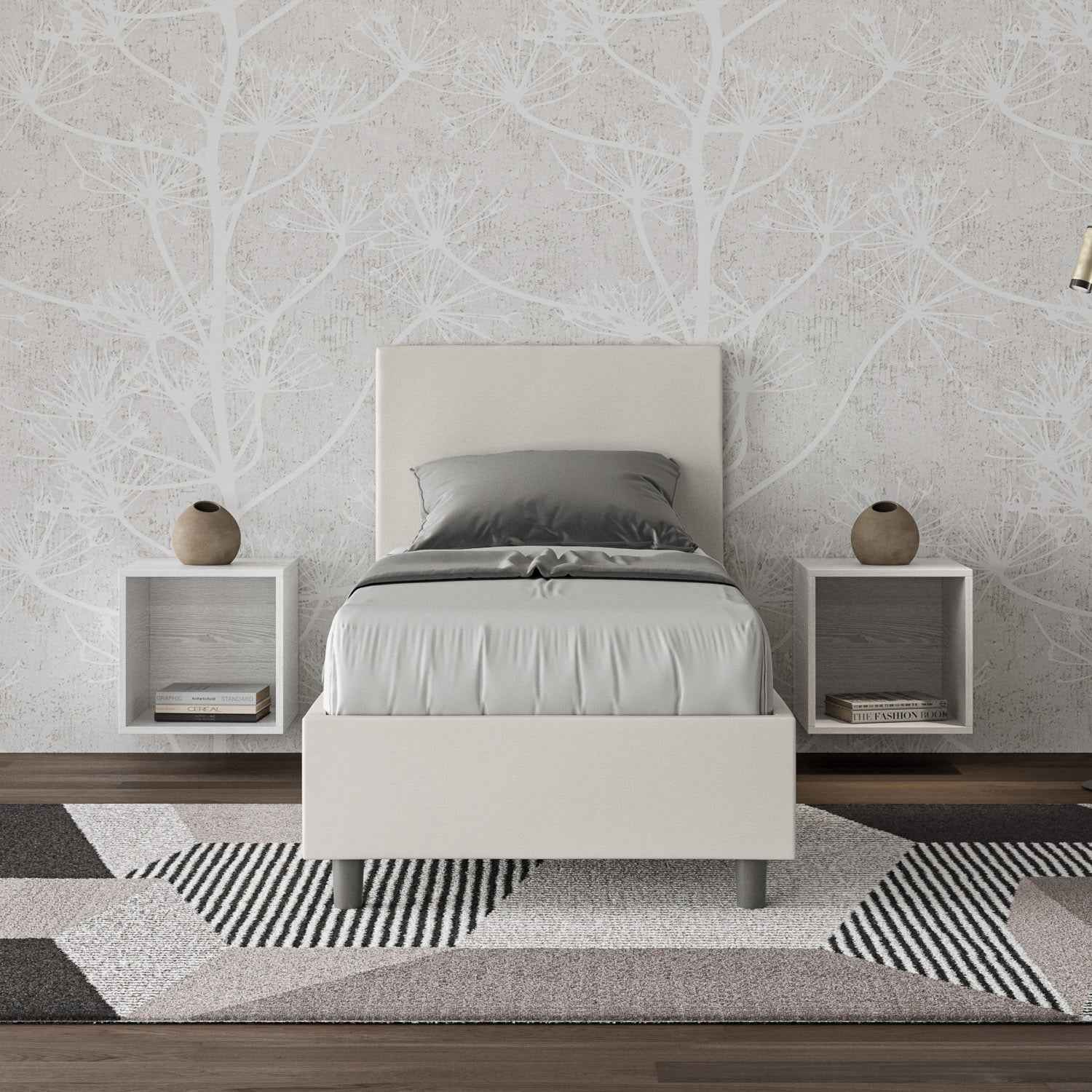Letto singolo imbottito similpelle Adele senza rete, con rete e contenitore