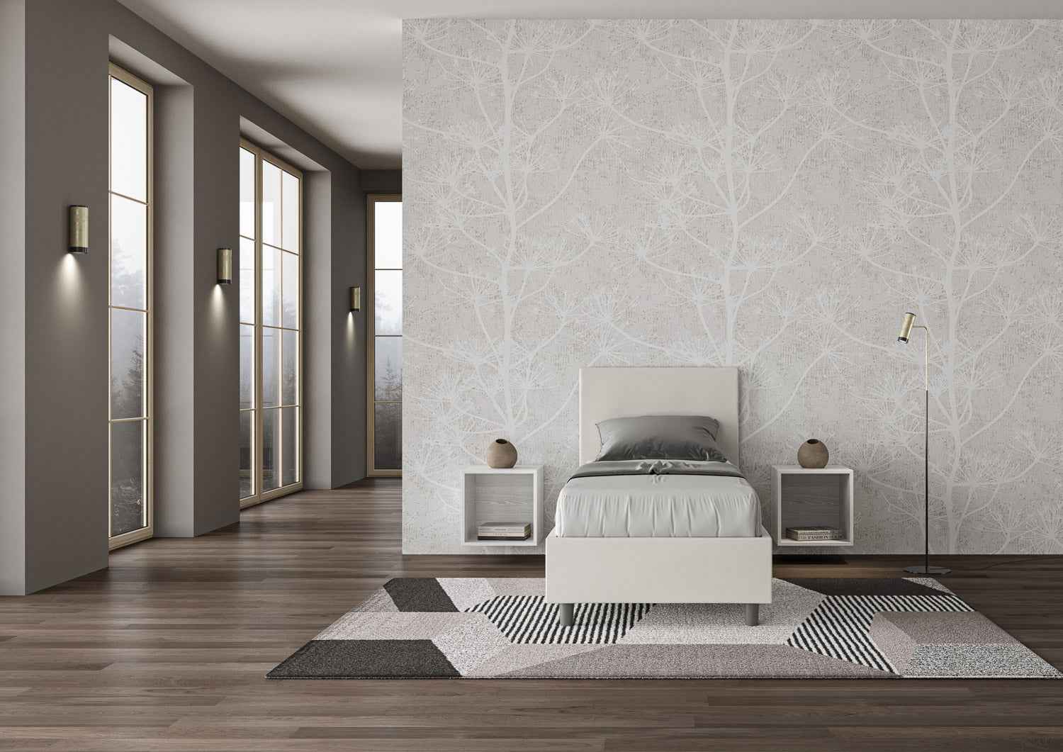 Letto singolo imbottito similpelle Adele senza rete, con rete e contenitore
