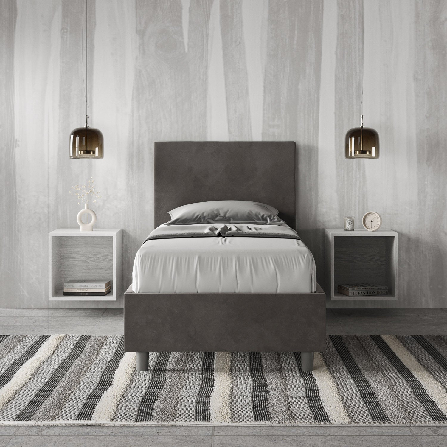 Letto singolo imbottito 80x210 microfibra Adele senza rete, con rete, contenitore
