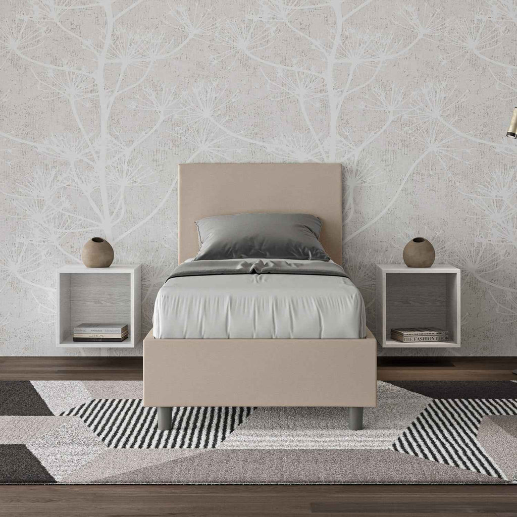 Letto singolo imbottito similpelle Adele senza rete, con rete e contenitore