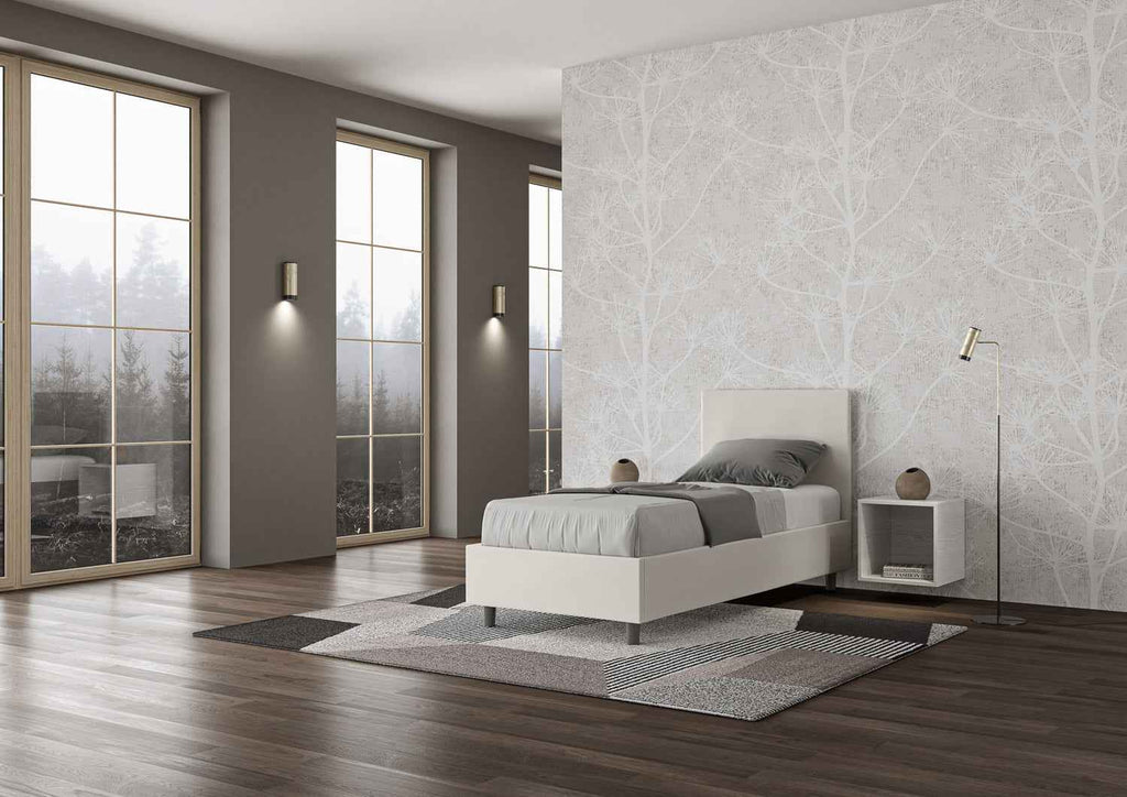 Letto singolo imbottito similpelle Adele senza rete, con rete e contenitore