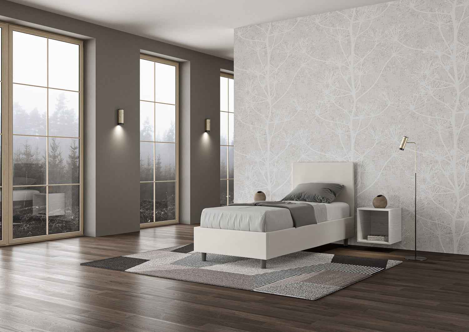 Letto singolo imbottito similpelle Adele senza rete, con rete e contenitore