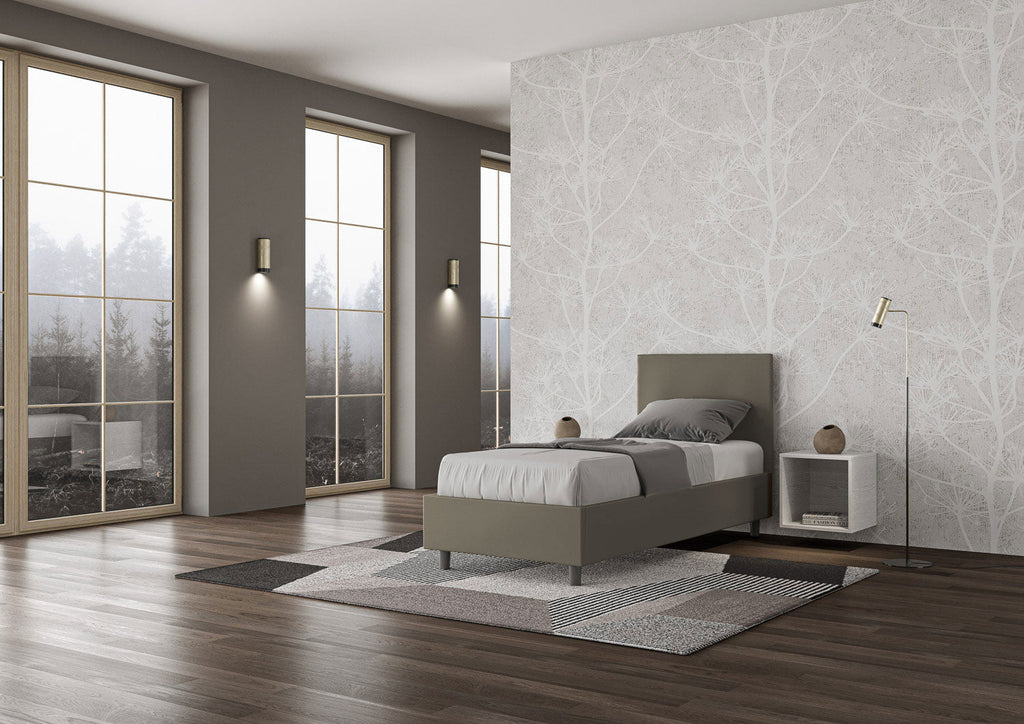 Letto singolo imbottito similpelle Adele senza rete, con rete e contenitore