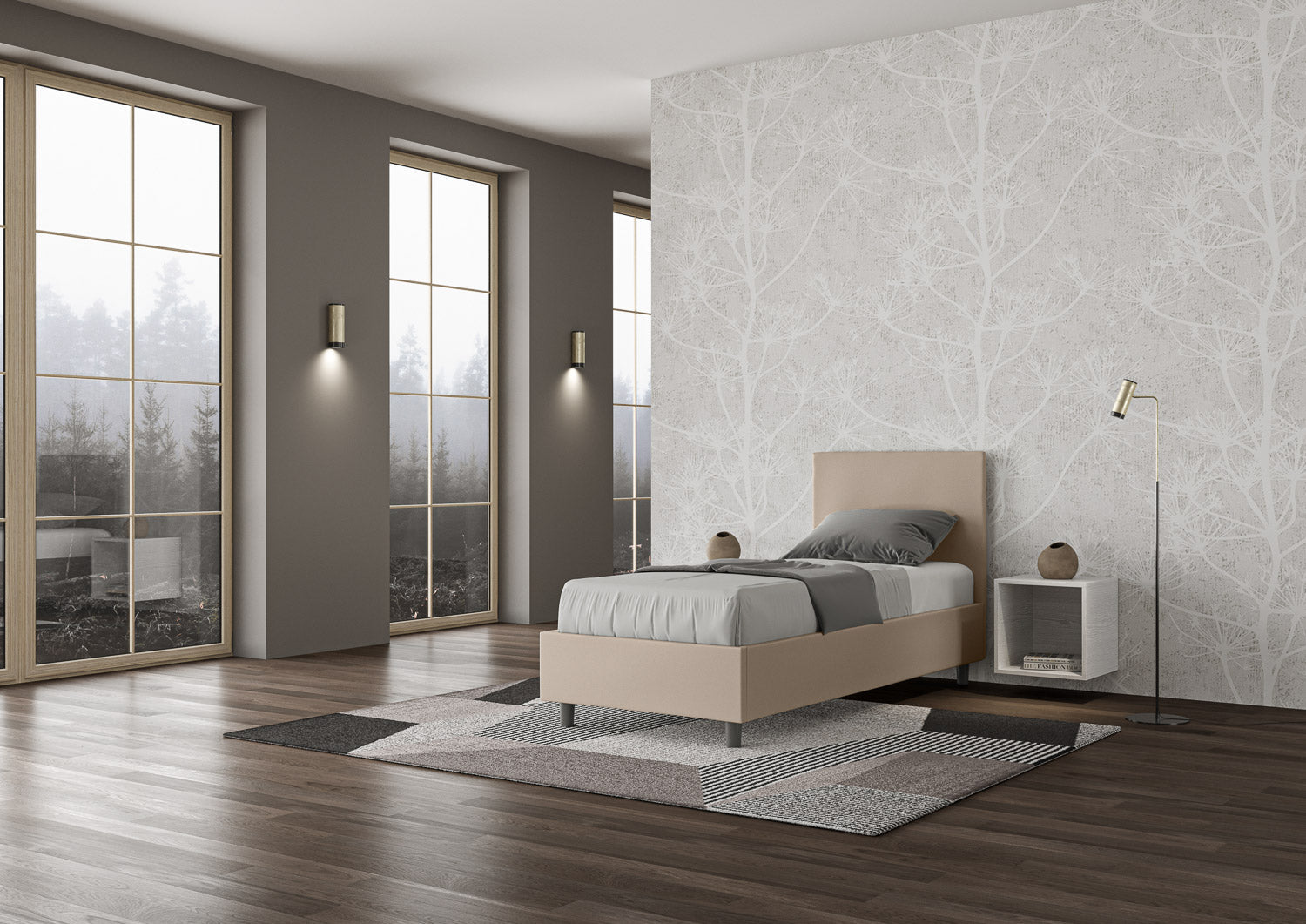 Letto singolo imbottito similpelle Adele senza rete, con rete e contenitore
