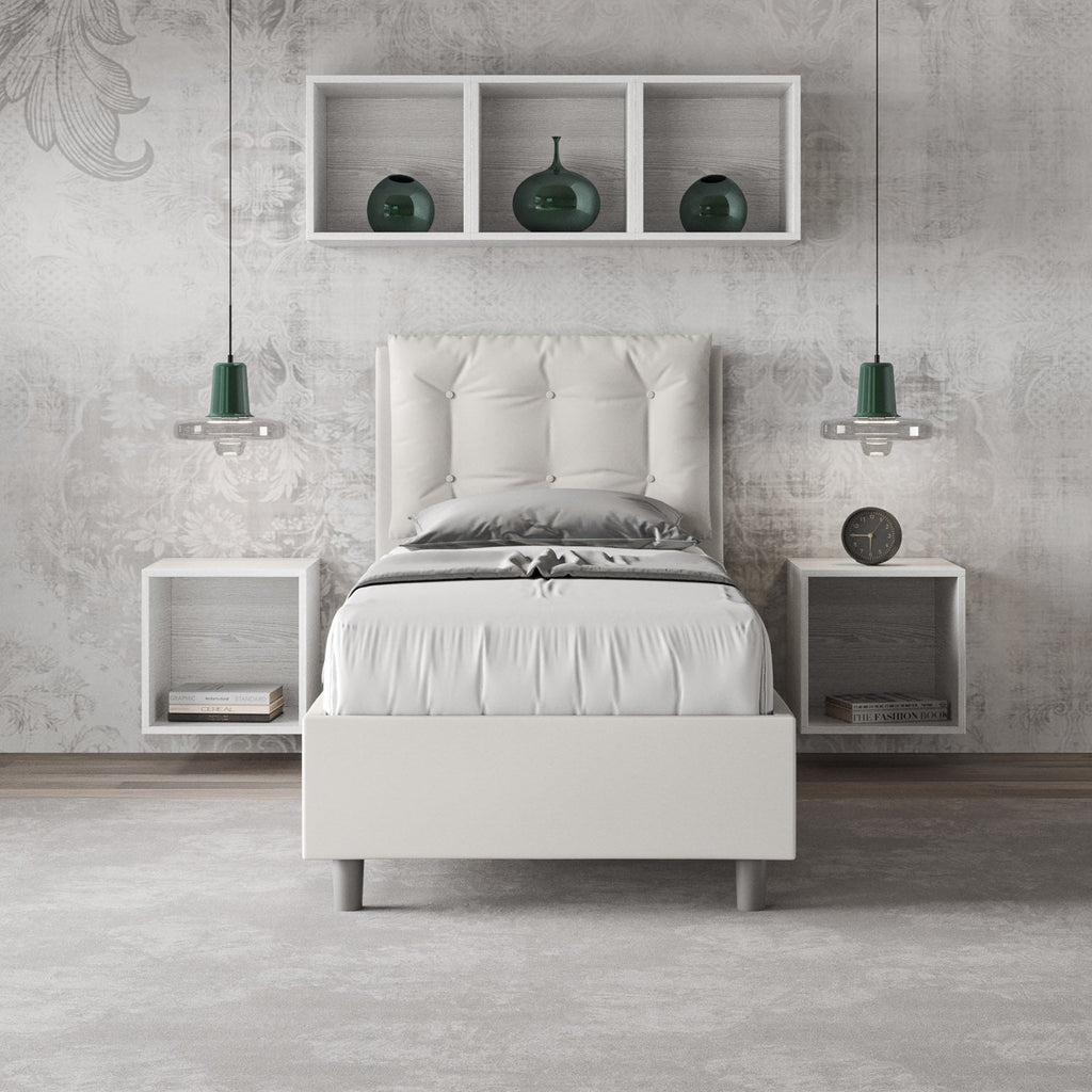 Letto singolo imbottito similpelle Annalisa senza rete, con rete, contenitore