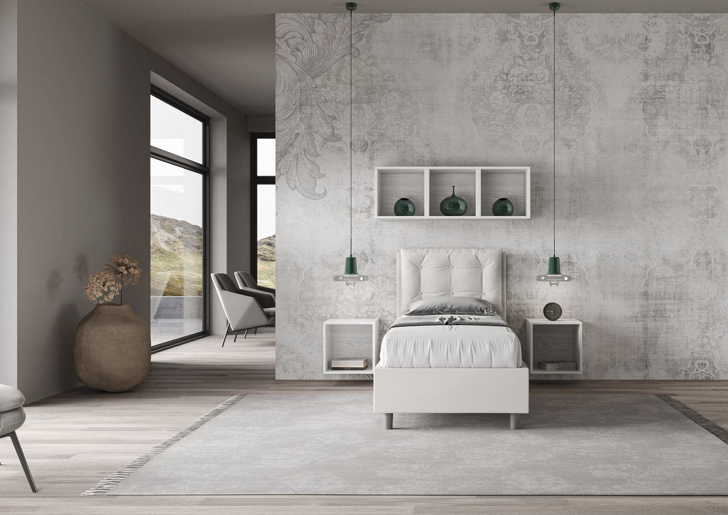 Letto singolo imbottito similpelle Annalisa senza rete, con rete, contenitore