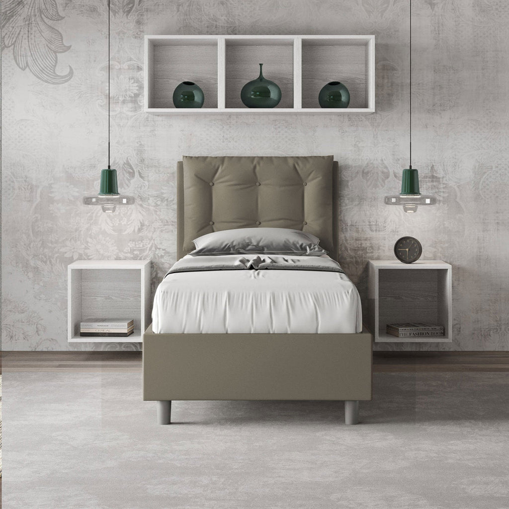 Letto singolo imbottito similpelle Annalisa senza rete, con rete, contenitore