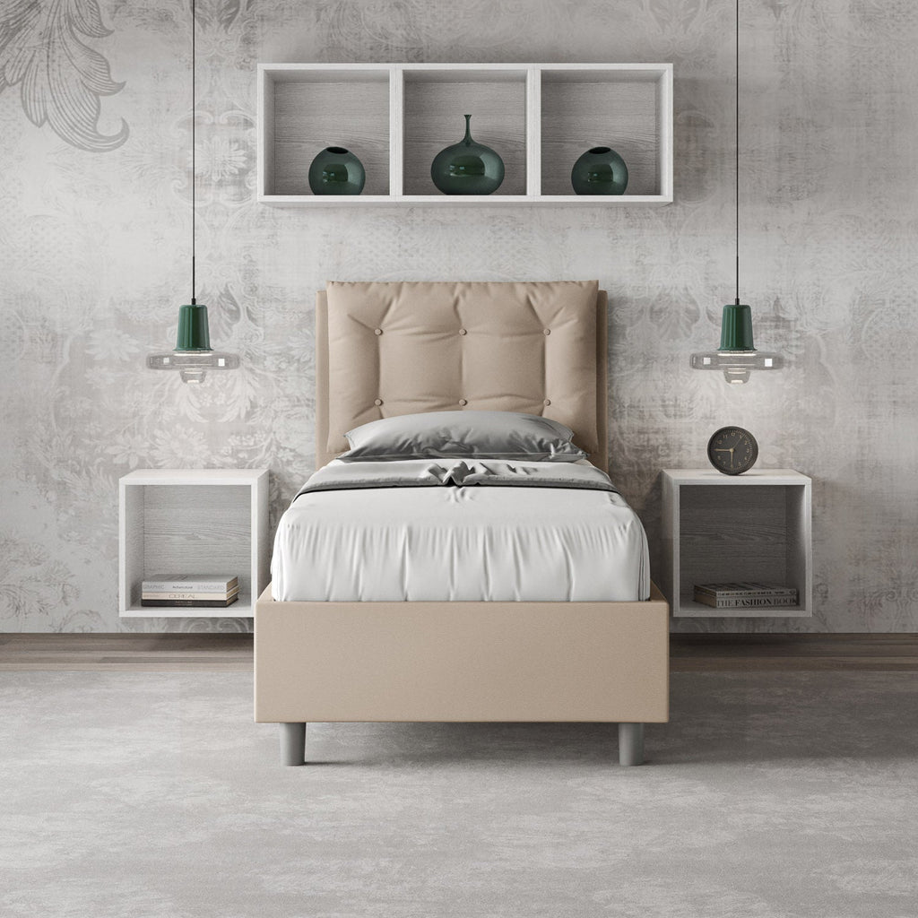 Letto singolo imbottito similpelle Annalisa senza rete, con rete, contenitore