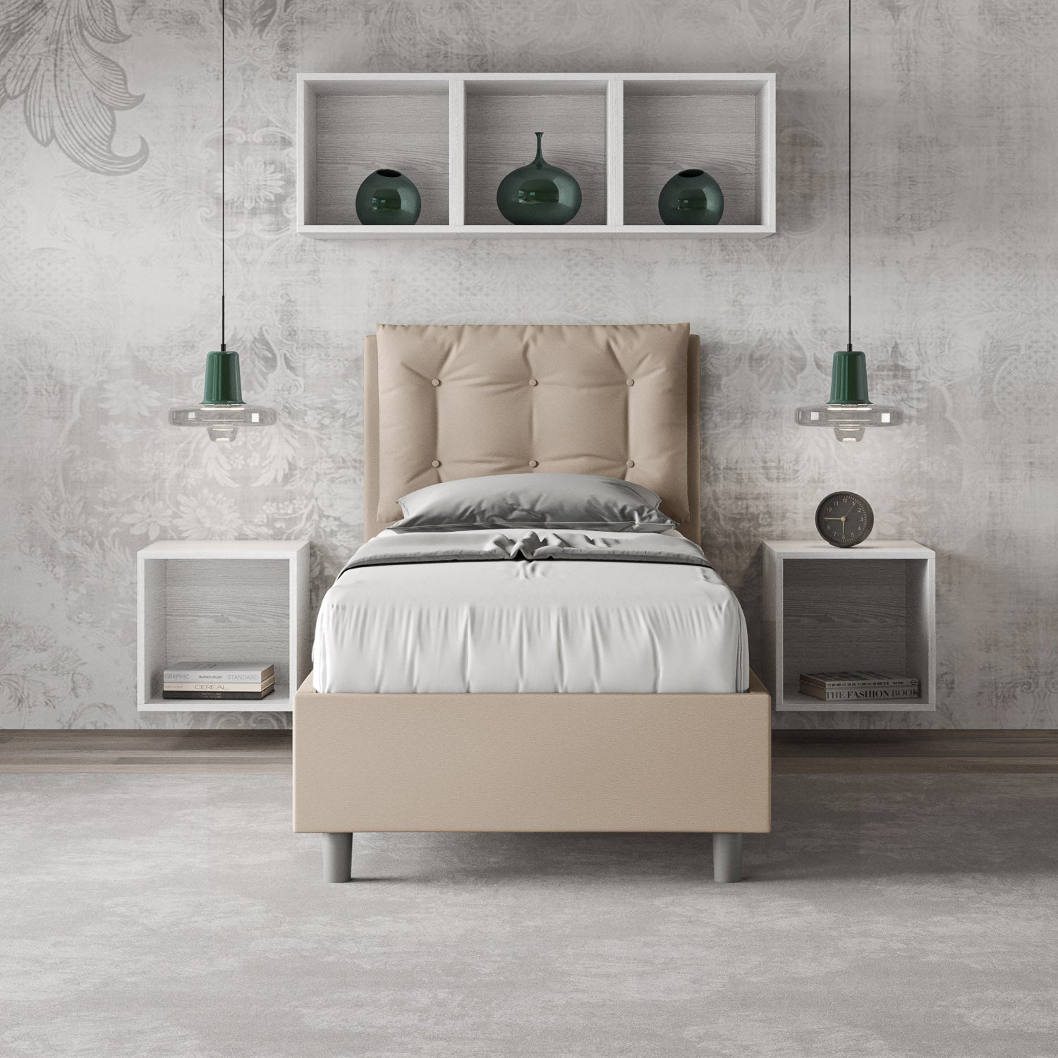 Letto singolo imbottito similpelle Annalisa senza rete, con rete, contenitore