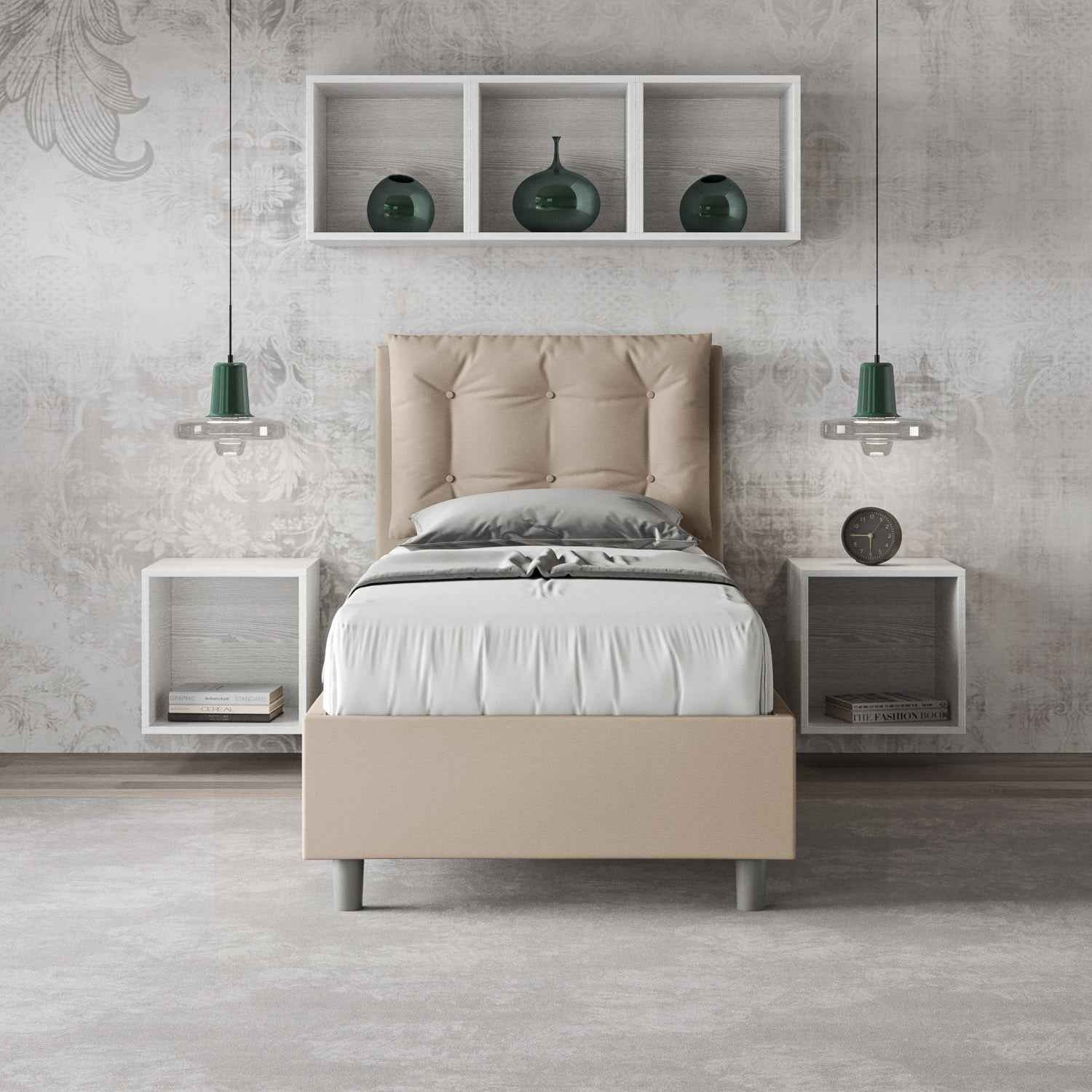Letto singolo imbottito similpelle Annalisa con e senza rete e contenitore
