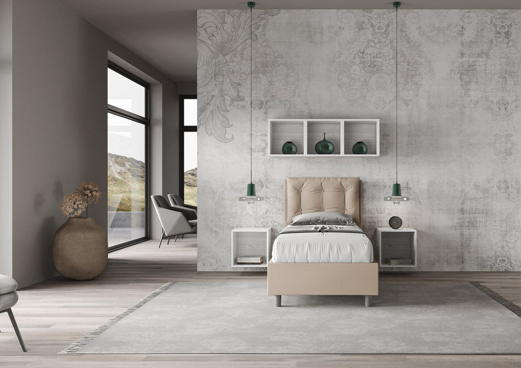 Letto singolo imbottito similpelle Annalisa con e senza rete e contenitore