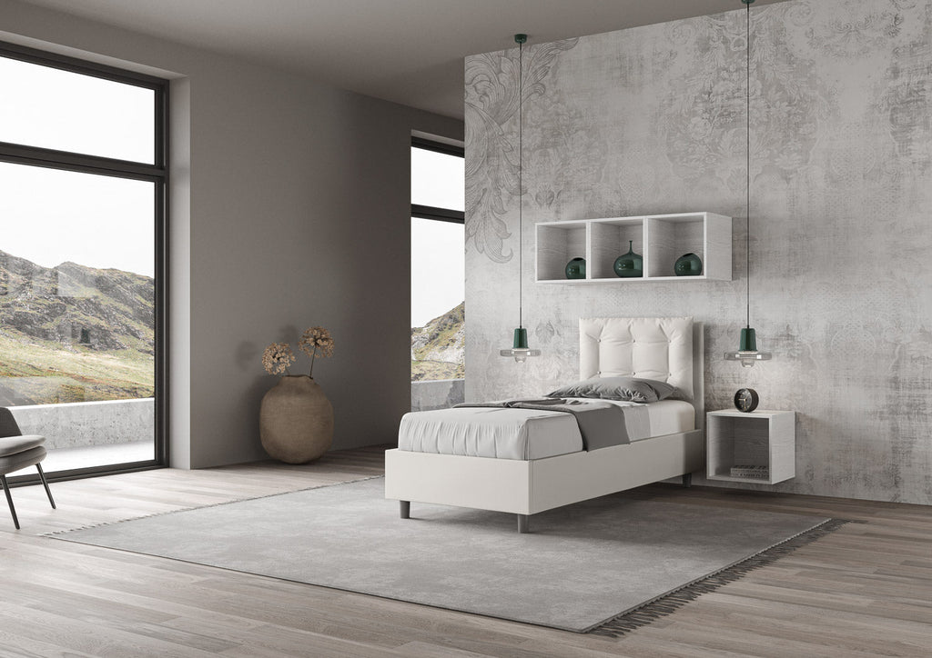 Letto singolo imbottito similpelle Annalisa senza rete, con rete, contenitore