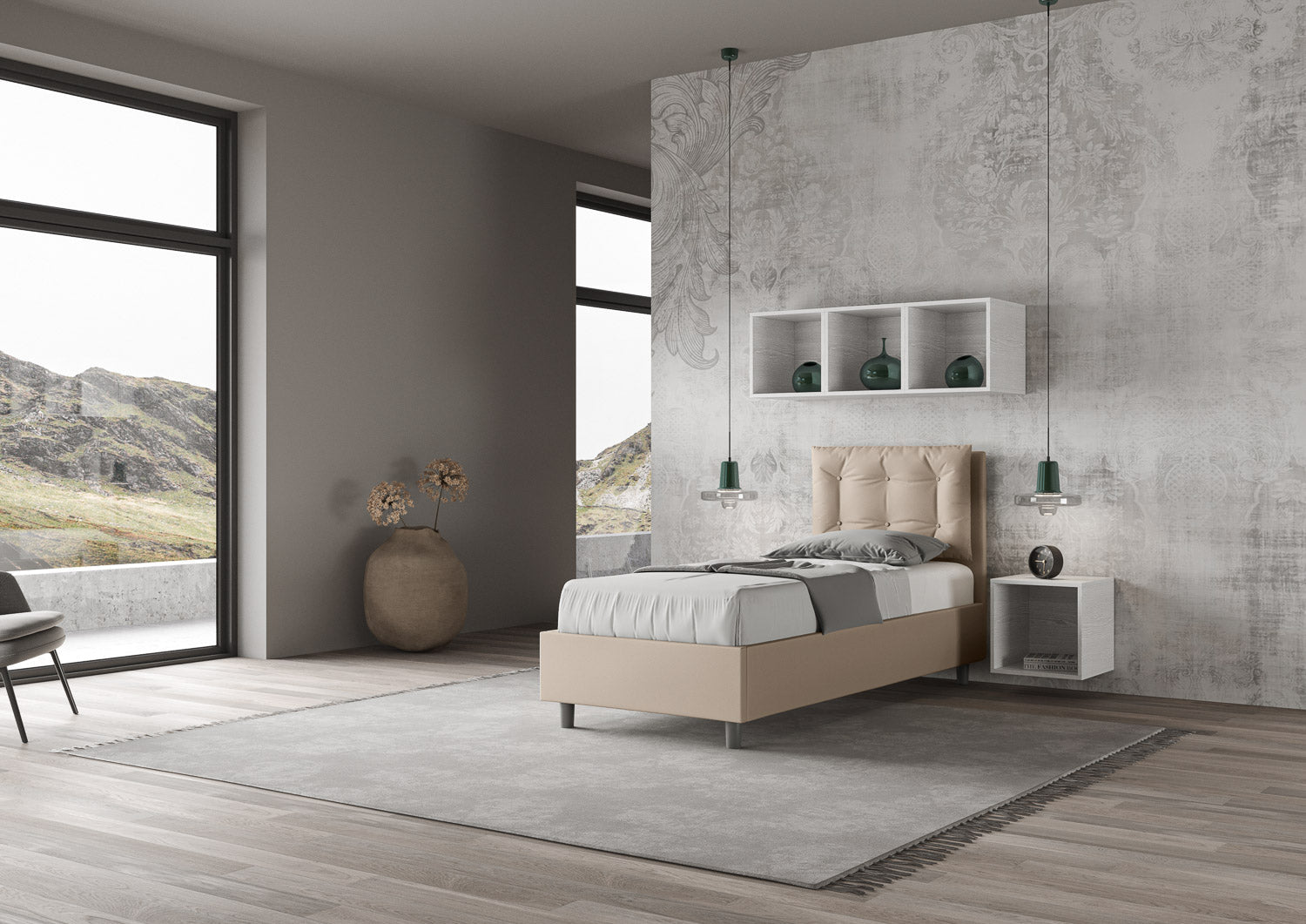 Letto singolo imbottito similpelle Annalisa senza rete, con rete e contenitore