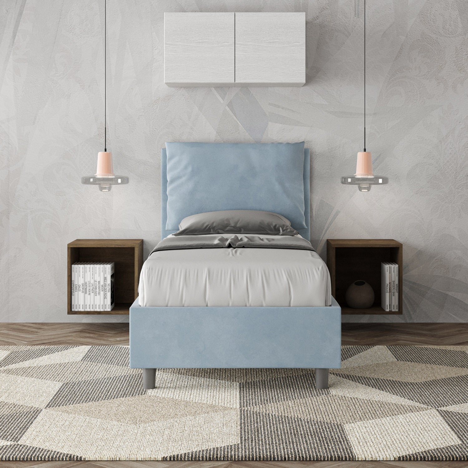 Letto singolo imbottito 80x210 microfibra Antea senza rete, con rete e contenitore