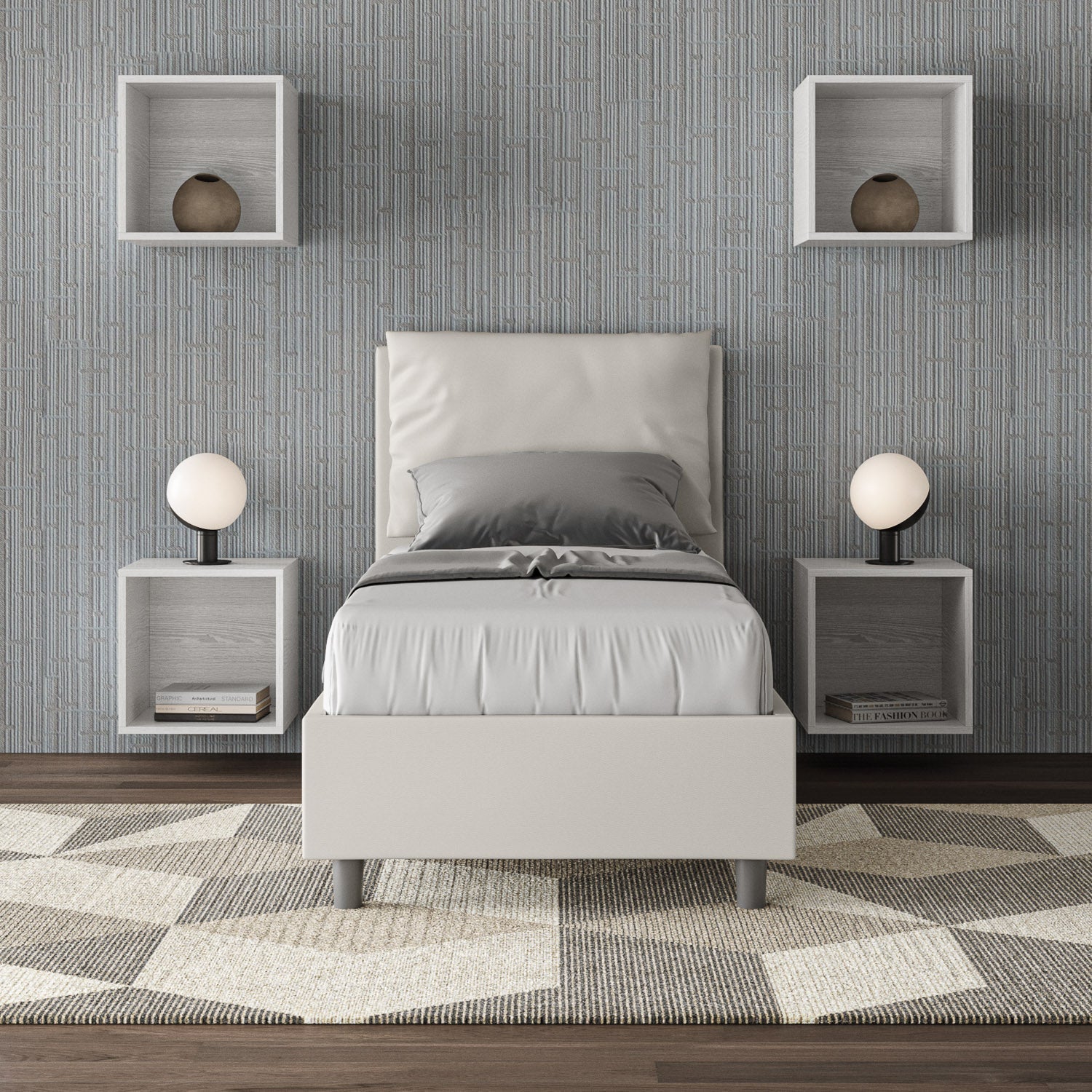Letto singolo imbottito similpelle Antea senza rete, con rete e contenitore
