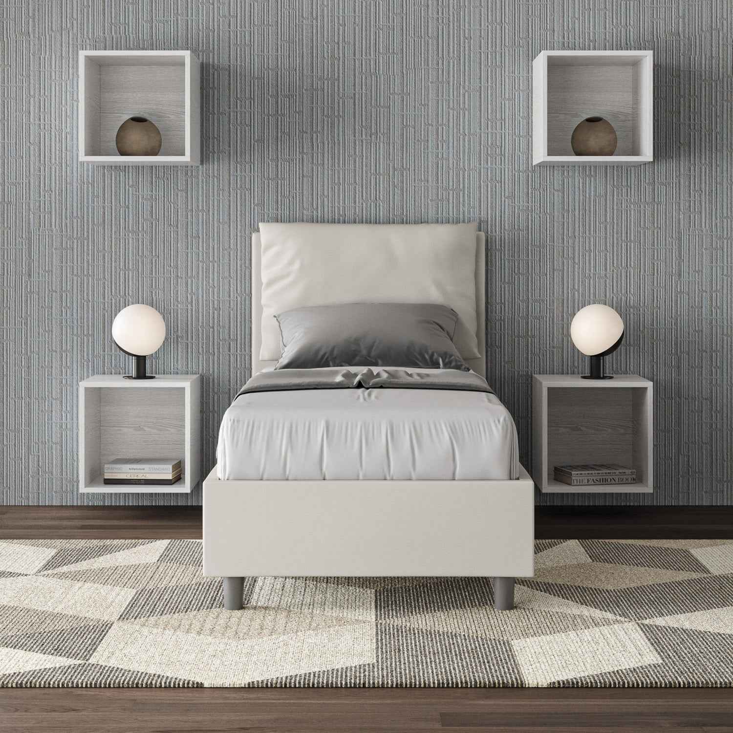 Letto singolo imbottito similpelle Antea senza rete, con rete e contenitore