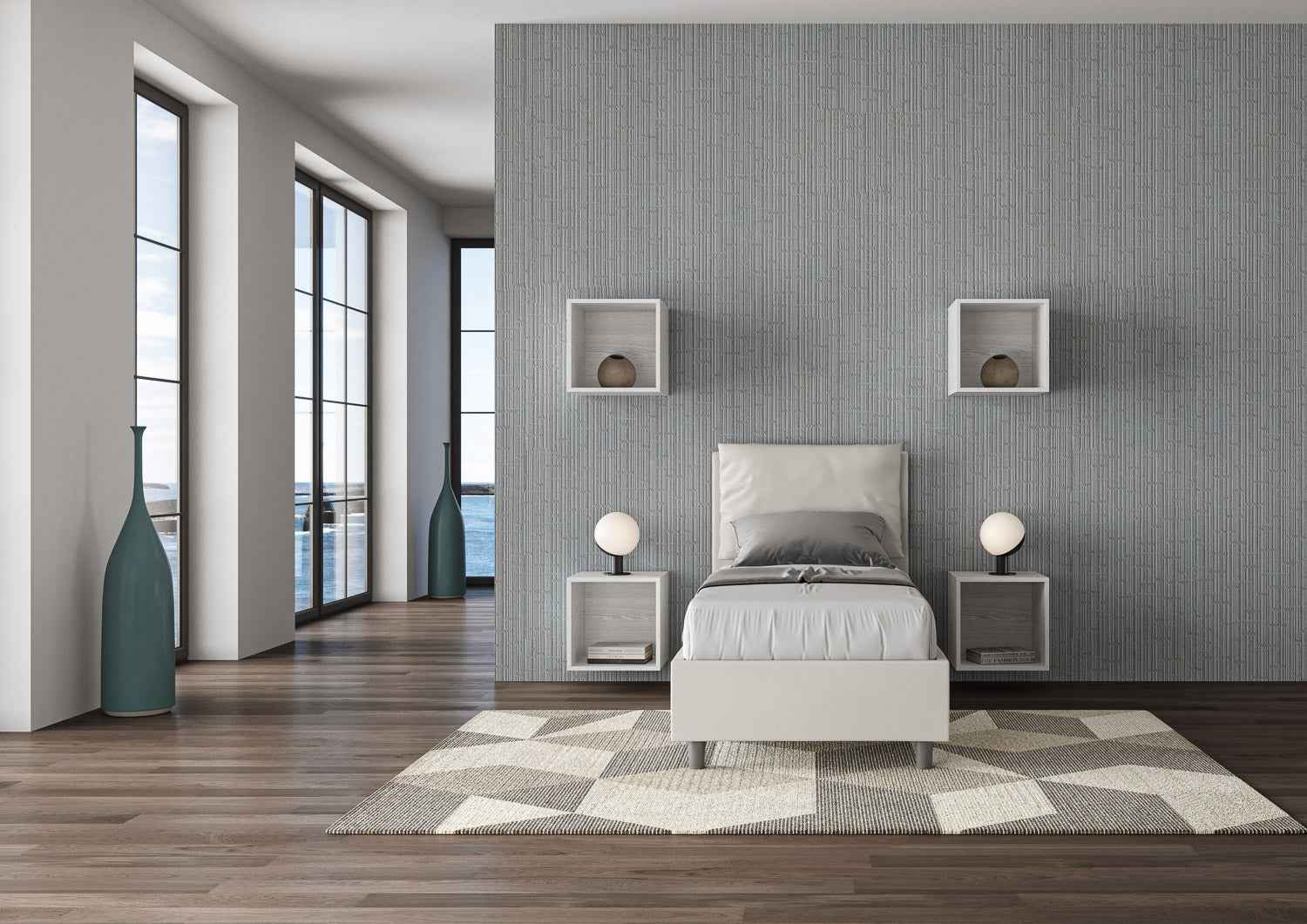 Letto singolo imbottito similpelle Antea senza rete, con rete e contenitore