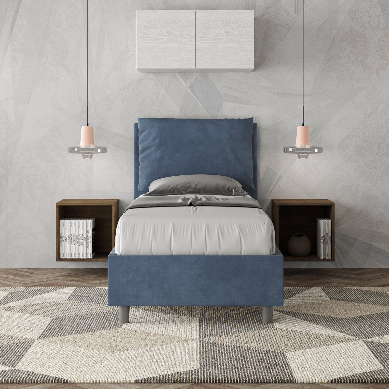 Letto singolo imbottito 80x190 microfibra Antea senza rete, con rete, contenitore