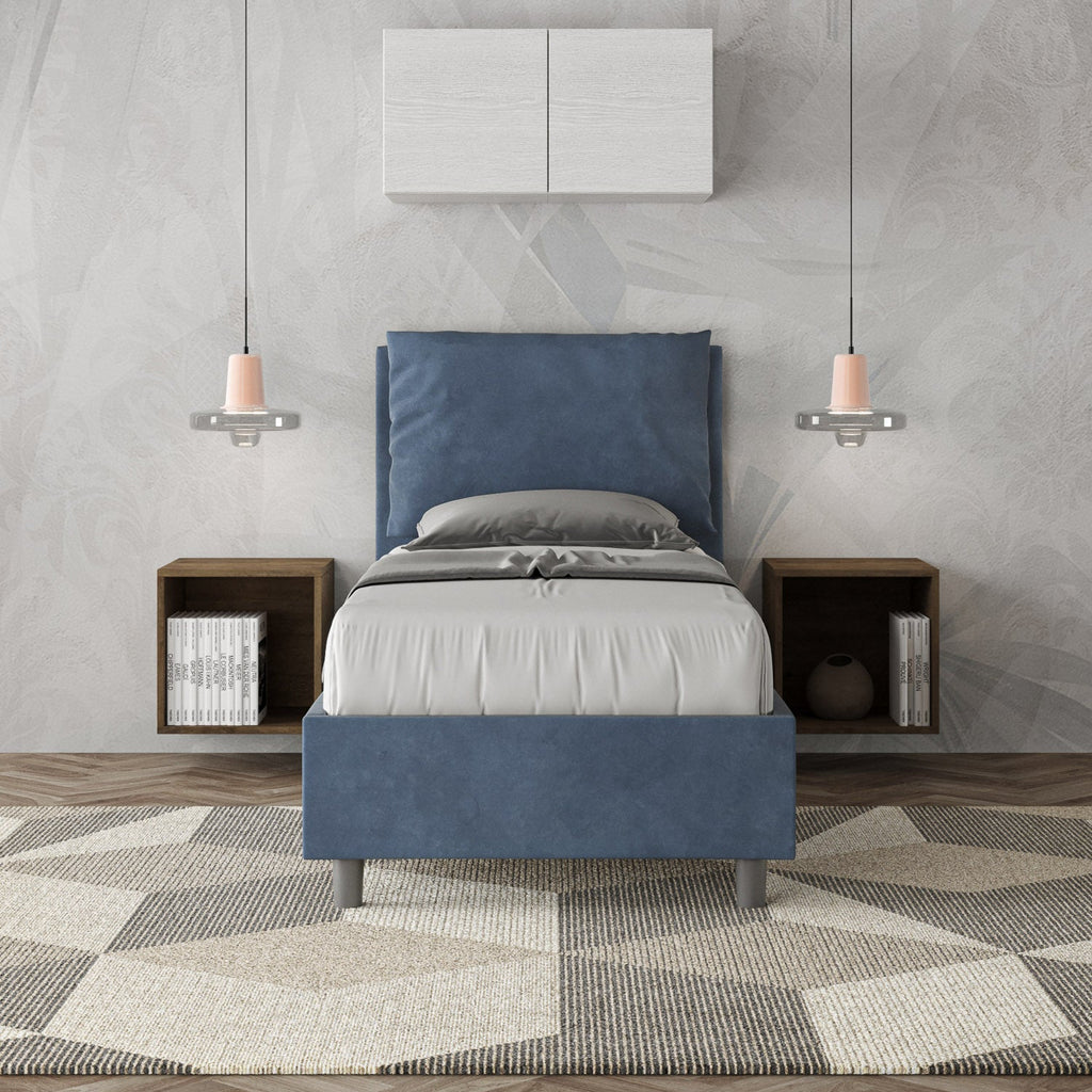 Letto singolo imbottito 80x200 microfibra Antea senza rete, con rete e contenitore