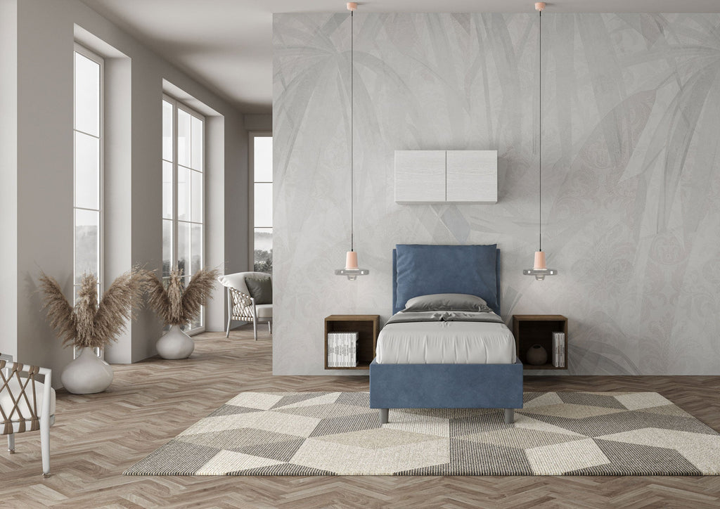 Letto singolo imbottito 80x190 microfibra Antea senza rete, con rete, contenitore