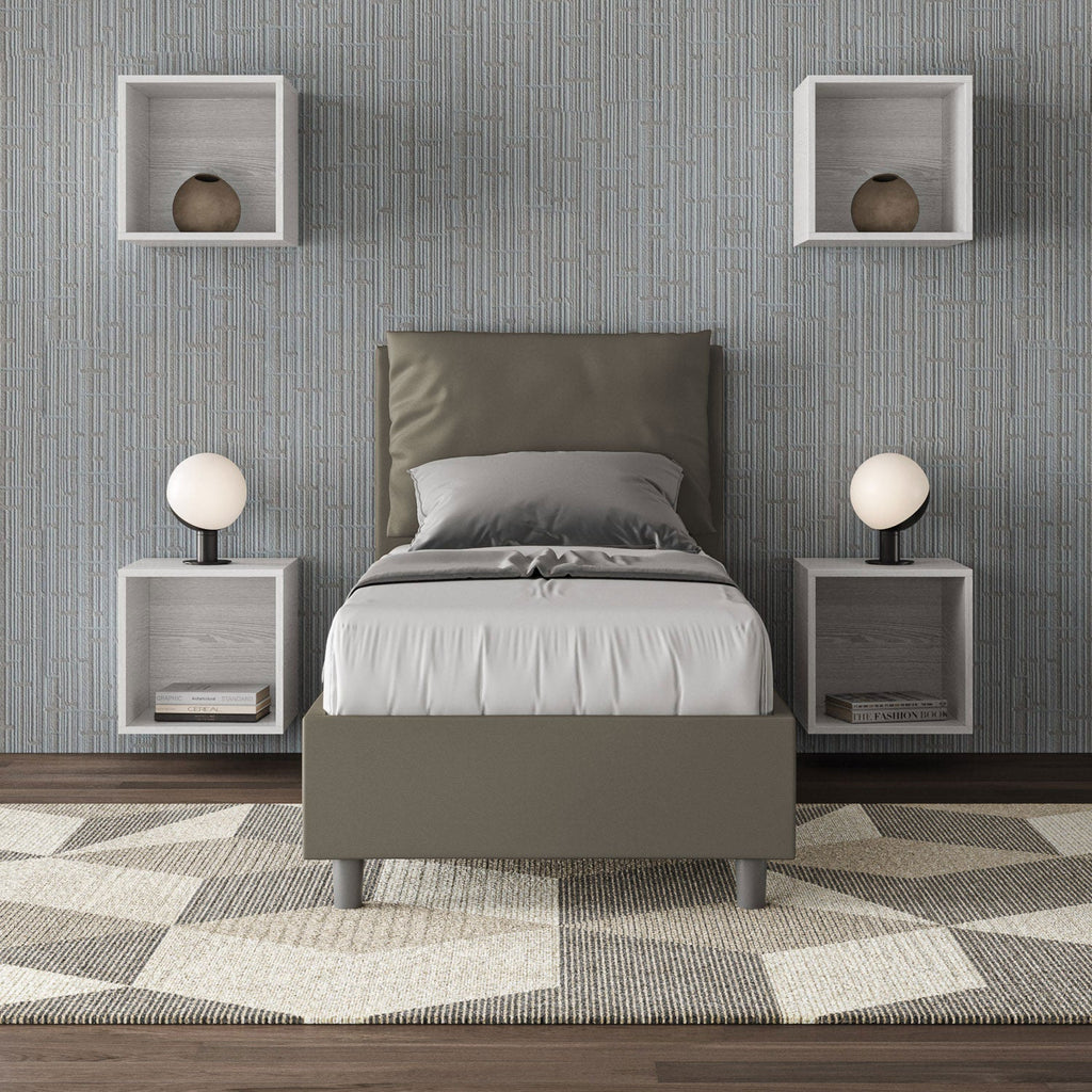 Letto singolo imbottito similpelle Antea con e senza rete e contenitore 80x210