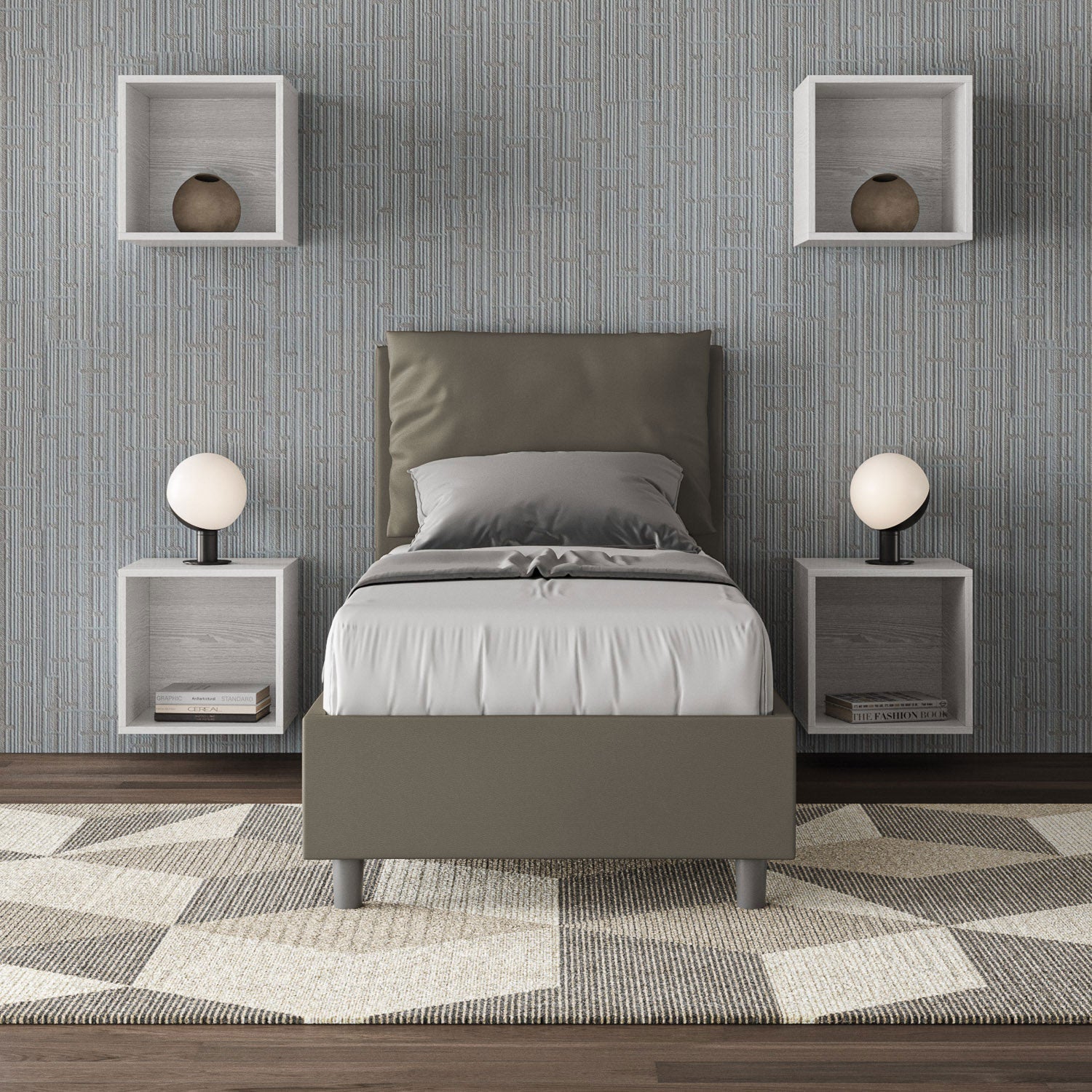 Letto singolo imbottito similpelle Antea con e senza rete e contenitore 80x210