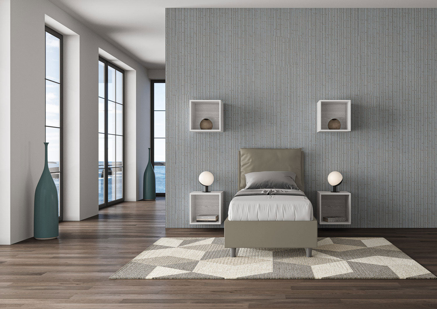 Letto singolo imbottito similpelle Antea con e senza rete e contenitore 80x210
