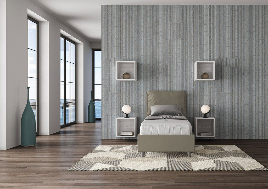 Letto singolo imbottito similpelle Antea senza rete, con rete e contenitore