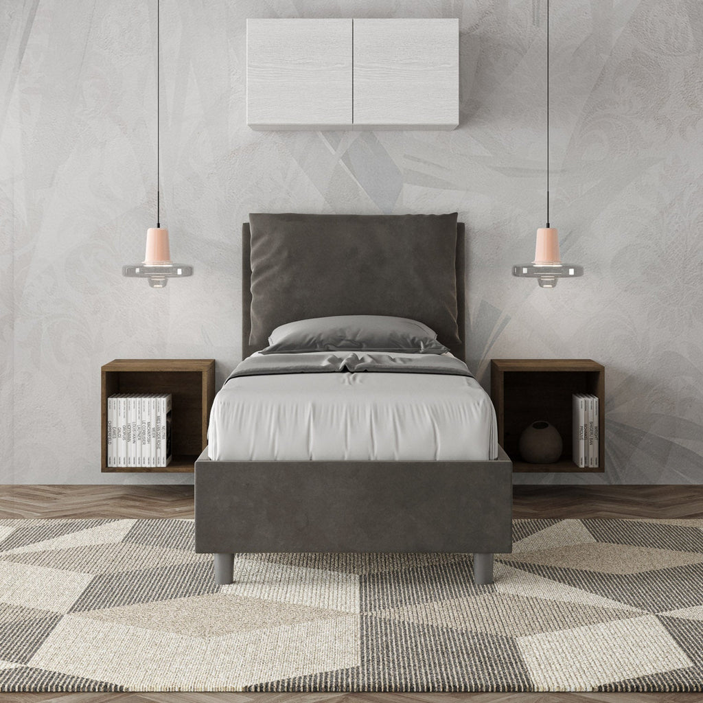 Letto singolo imbottito 80x190 microfibra Antea senza rete, con rete, contenitore