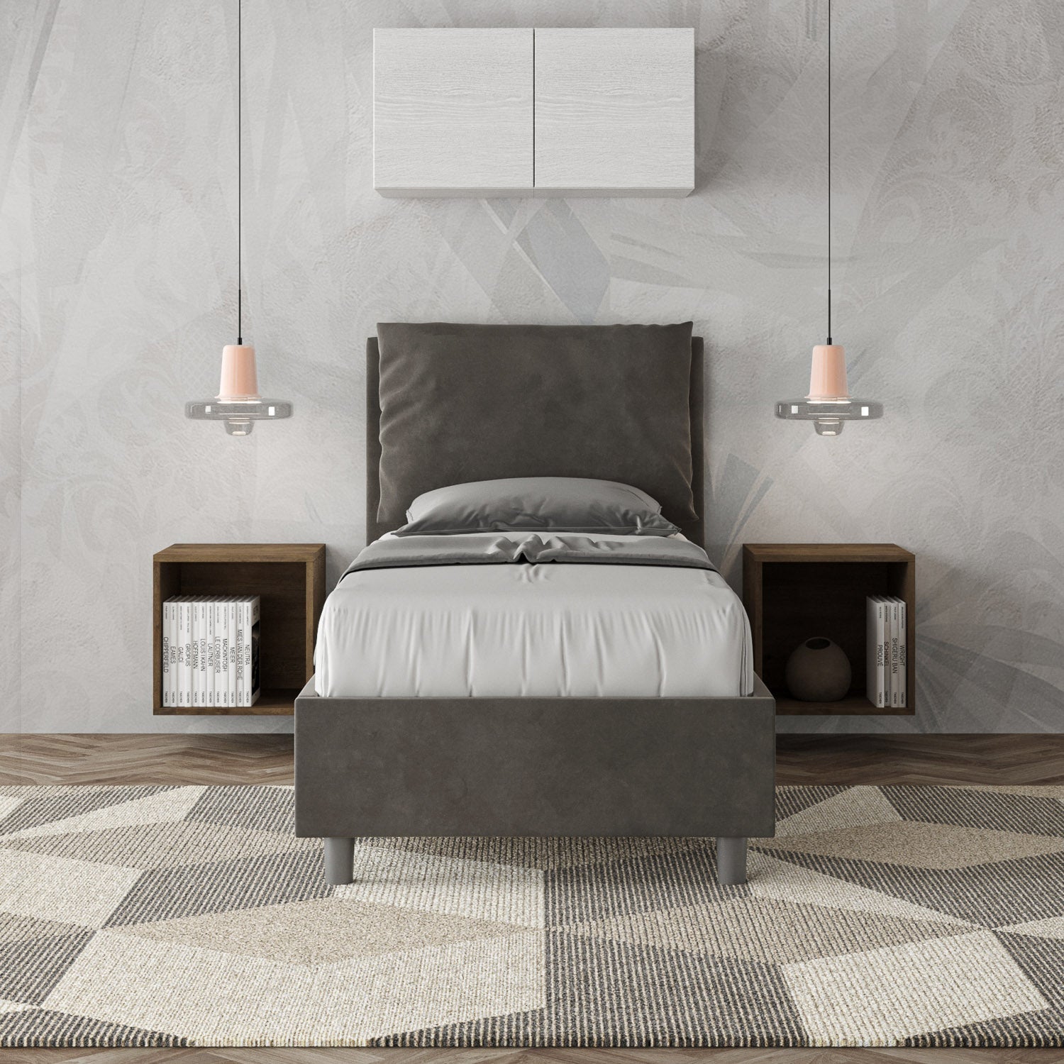 Letto singolo imbottito 80x190 microfibra Antea senza rete, con rete, contenitore