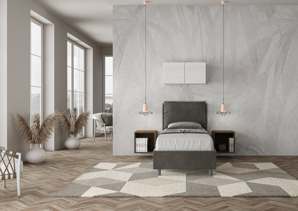 Letto singolo imbottito 80x210 microfibra Antea senza rete, con rete e contenitore