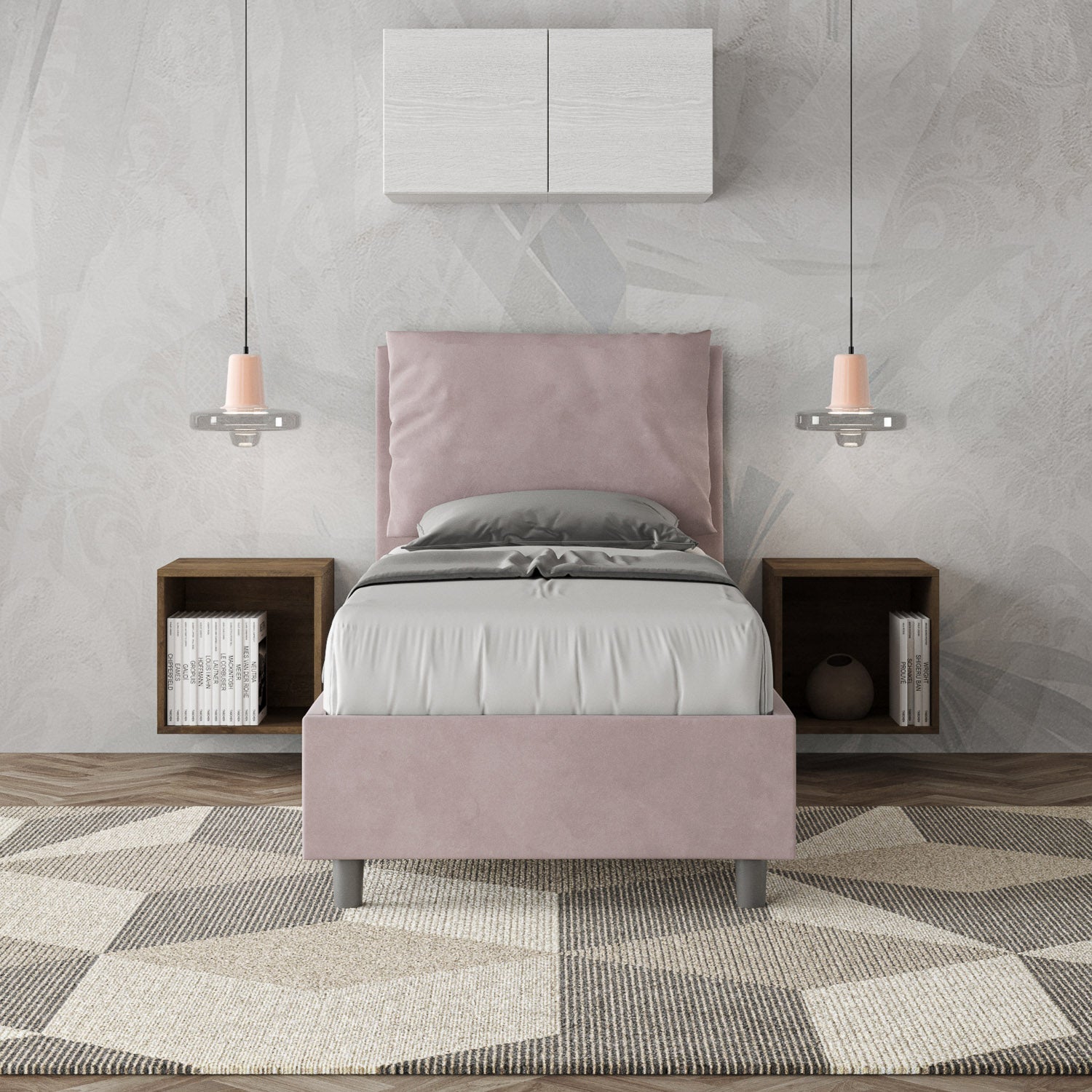 Letto singolo imbottito 80x190 microfibra Antea senza rete, con rete, contenitore
