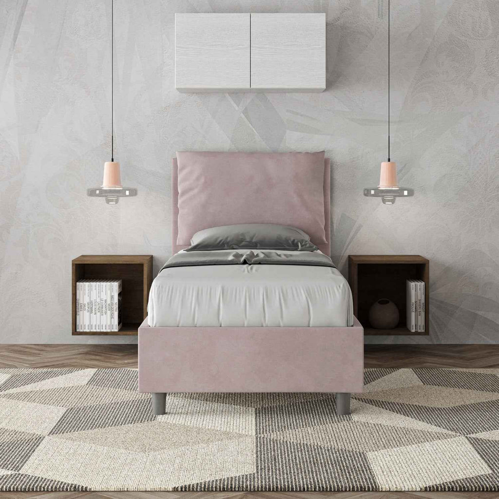 Letto singolo imbottito 80x210 microfibra Antea senza rete, con rete e contenitore