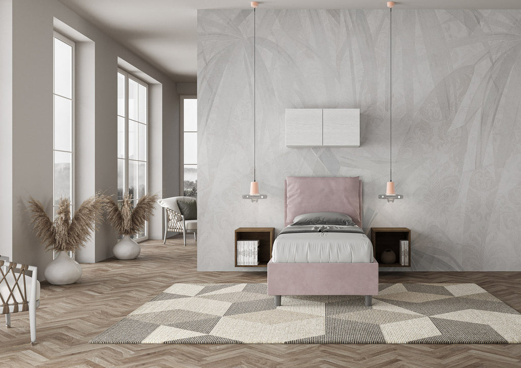 Letto singolo imbottito 80x190 microfibra Antea senza rete, con rete, contenitore