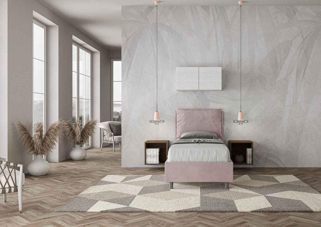 Letto singolo imbottito 80x210 microfibra Antea senza rete, con rete e contenitore