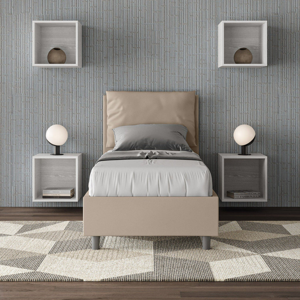 Letto singolo imbottito similpelle Antea senza rete, con rete e contenitore
