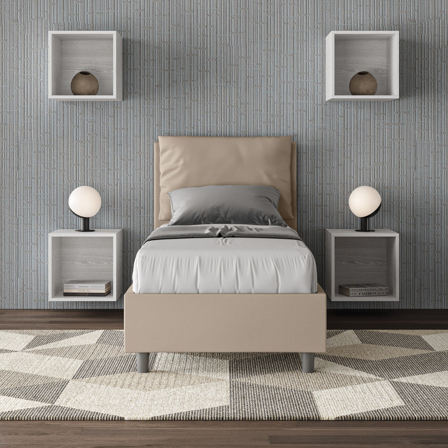 Letto singolo imbottito similpelle Antea senza rete, con rete e contenitore