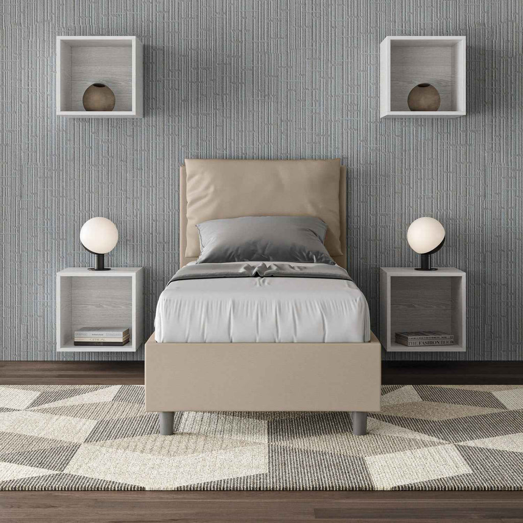 Letto singolo imbottito similpelle Antea con e senza rete e contenitore 80x210