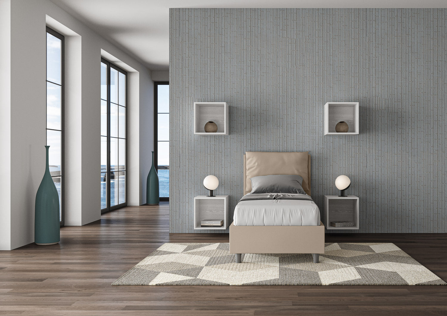 Letto singolo imbottito similpelle Antea con e senza rete e contenitore 80x210