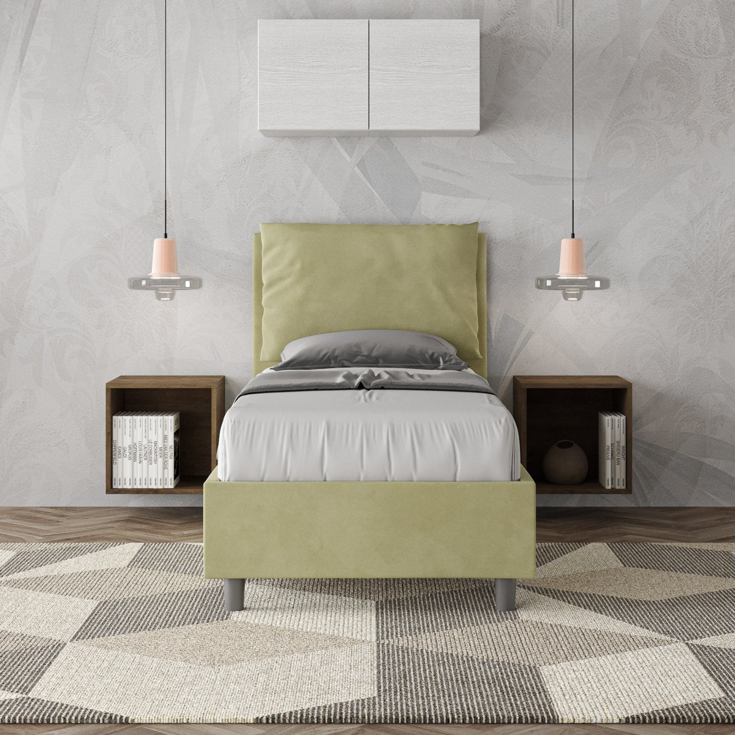 Letto singolo imbottito 80x200 microfibra Antea senza rete, con rete e contenitore