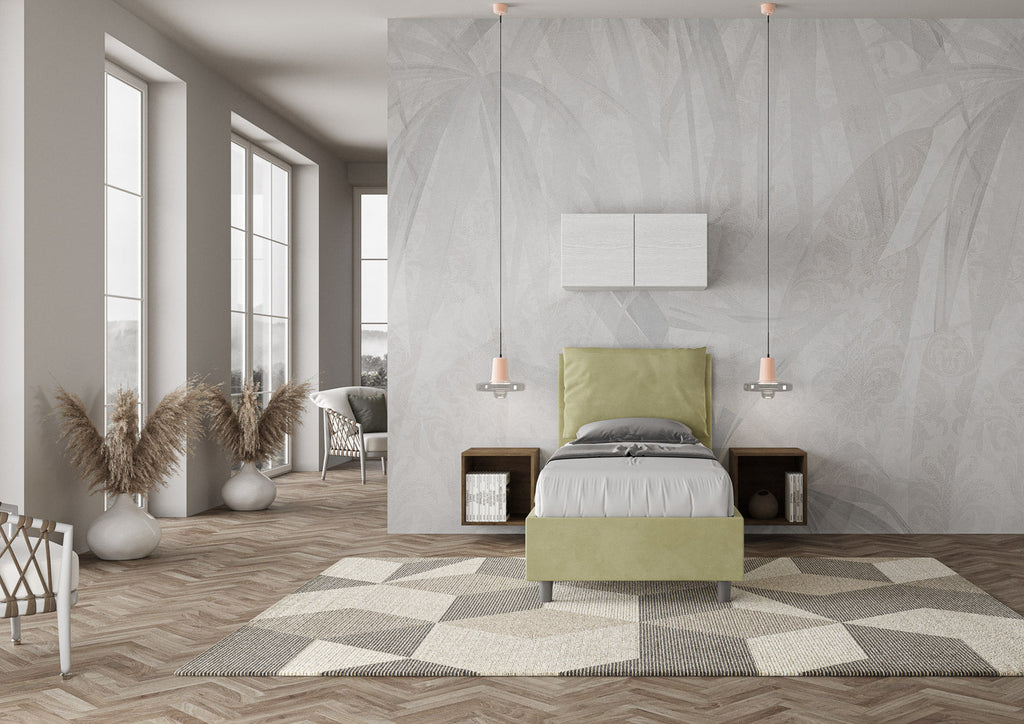 Letto singolo imbottito 80x200 microfibra Antea senza rete, con rete e contenitore