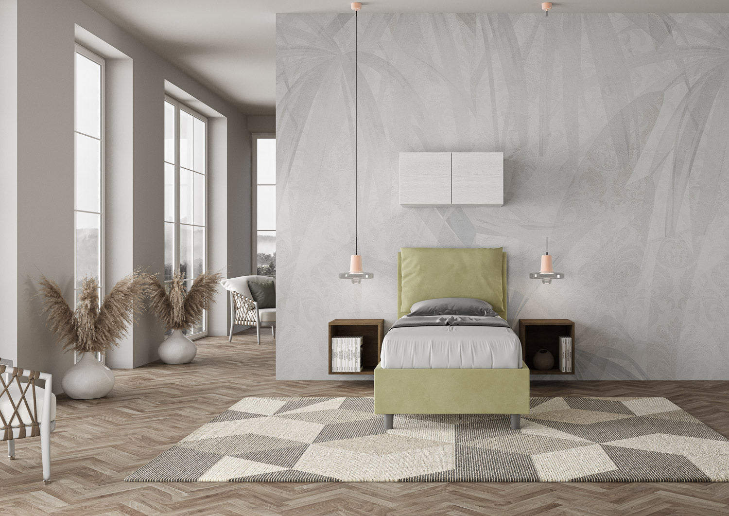 Letto singolo imbottito 80x200 microfibra Antea senza rete, con rete e contenitore