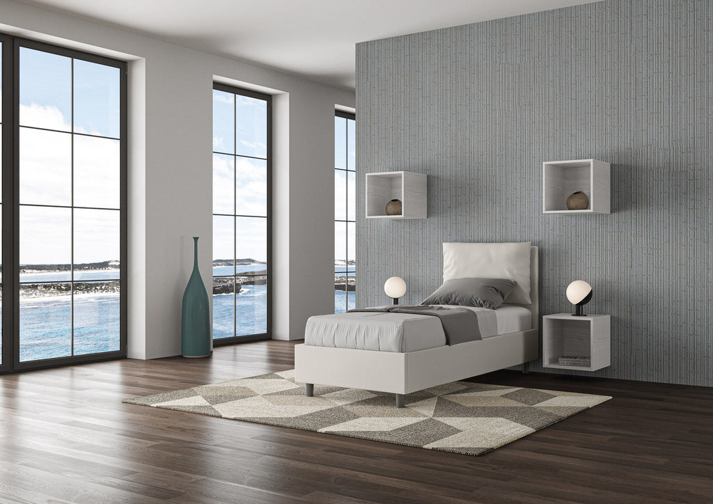 Letto singolo imbottito similpelle Antea senza rete, con rete e contenitore